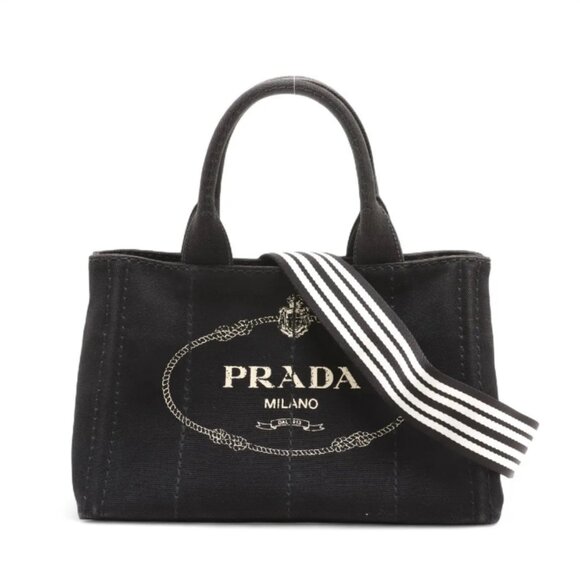 Prada Canapa Canvas x Leather Two-Way Handbag Black - Picture 1 of 16